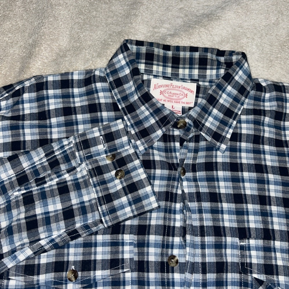 VTG Filson Button Down Flannel Men's L Blue Plaid 100% Cotton Long Sleeve